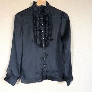 Women's Black Ruffle Front Button Blouse Flowy Y2K Style Size S Whimsigoth